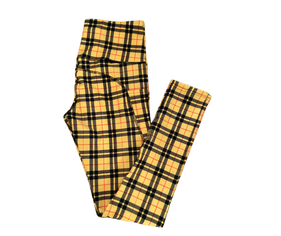 Yellow Tartan Full Length Thigh Pocket Leggings
