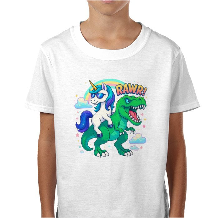Kids Unicorn Riding A Dino T-Shirt