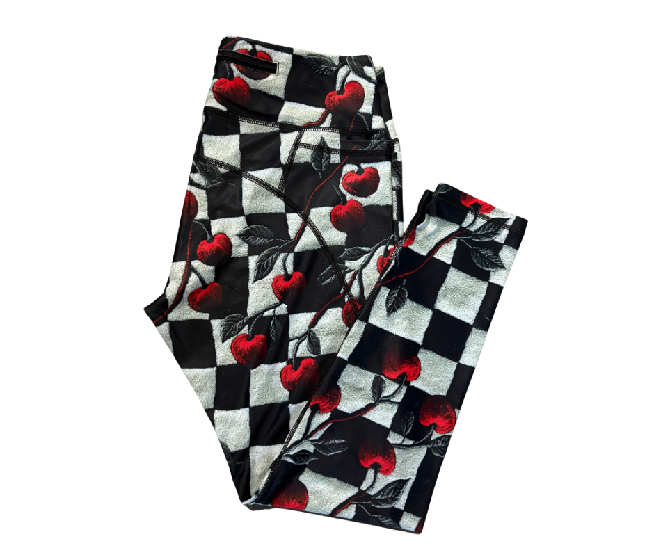 Rockabilly Cherry full length thigh pocket leggings with back zip pocket on waistband.